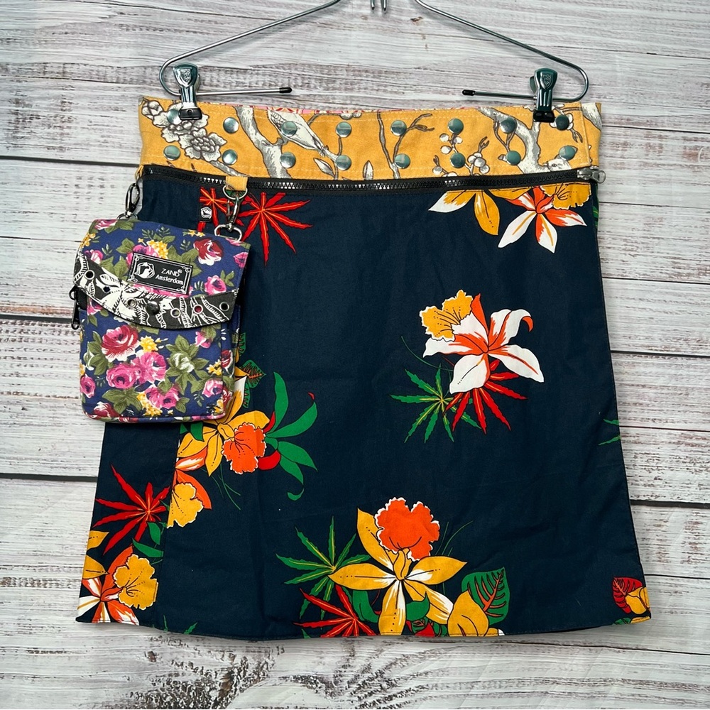 Zand‎ Amsterdam Snap Reversible Wrap Skirt Adjustable One Size Floral w Pouch